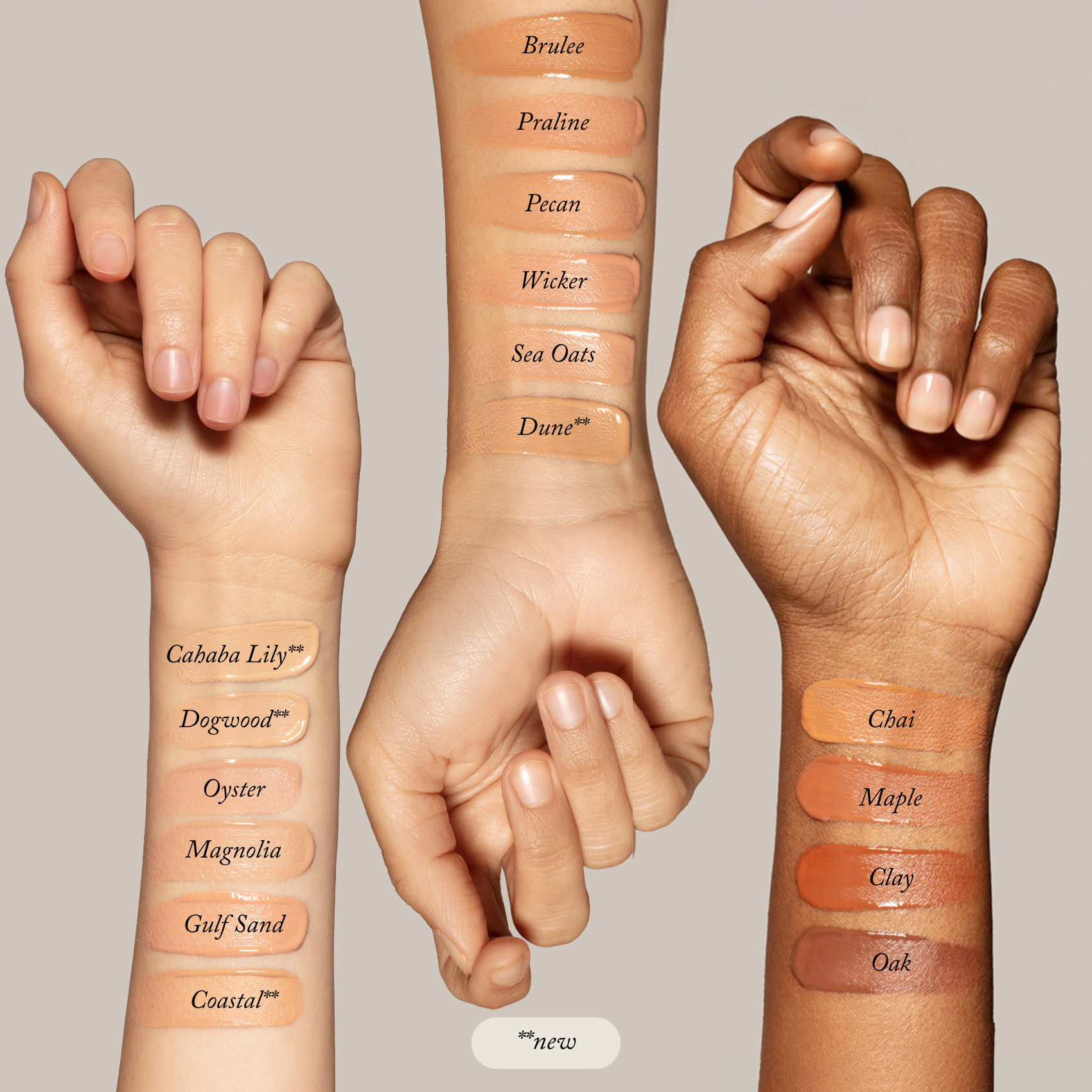 Three forearms of varying skin tones display swatches of Toups and Co Organics Liquid Foundation in Brulee, Dune, Coastal, Chai, Maple, and Oak—each shade delivers a natural glow and is gentle for sensitive skin.