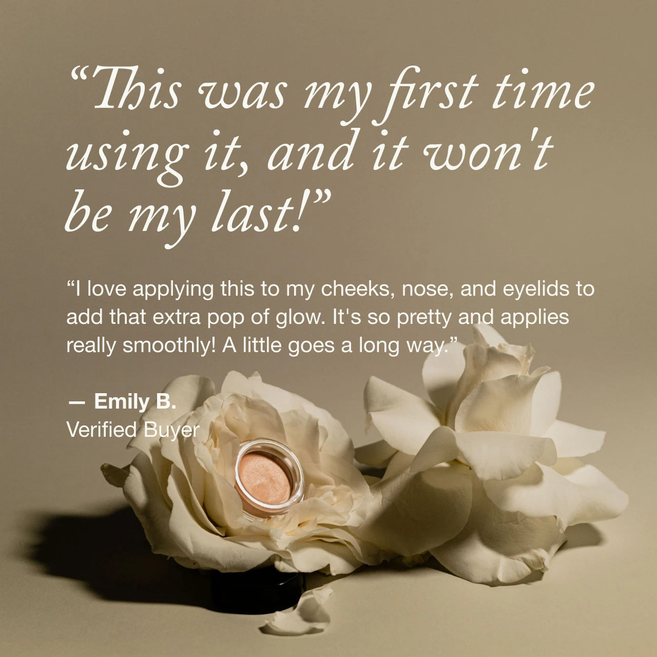 Customer review for a glow balm, featuring a testimonial from Emily B. and a small jar of product nestled between two white roses.