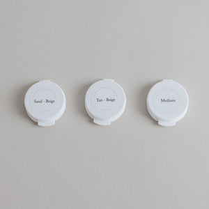 Toups & Co non-toxic mineral foundation samples in Sand-Beige, Tan-Beige, Medium.