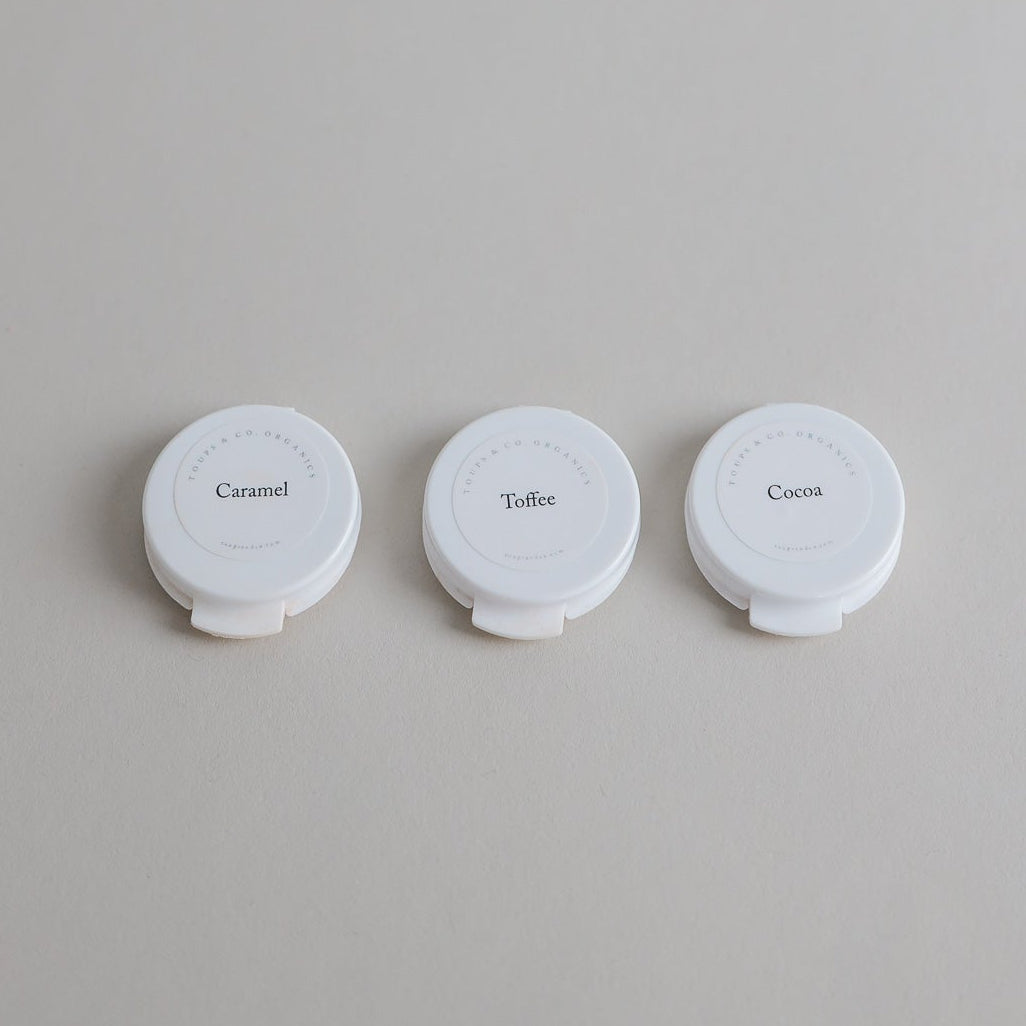 Toups & Co non-toxic mineral foundation samples in Caramel, Toffee, Cocoa.