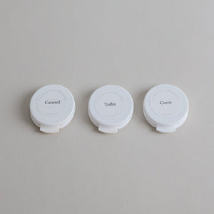 Toups & Co non-toxic mineral foundation samples in Caramel, Toffee, Cocoa.